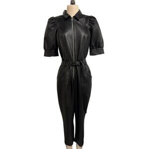Express Black Faux Leather Puff Sleeve Jumpsuit With Tie Waist Front Zip Closure